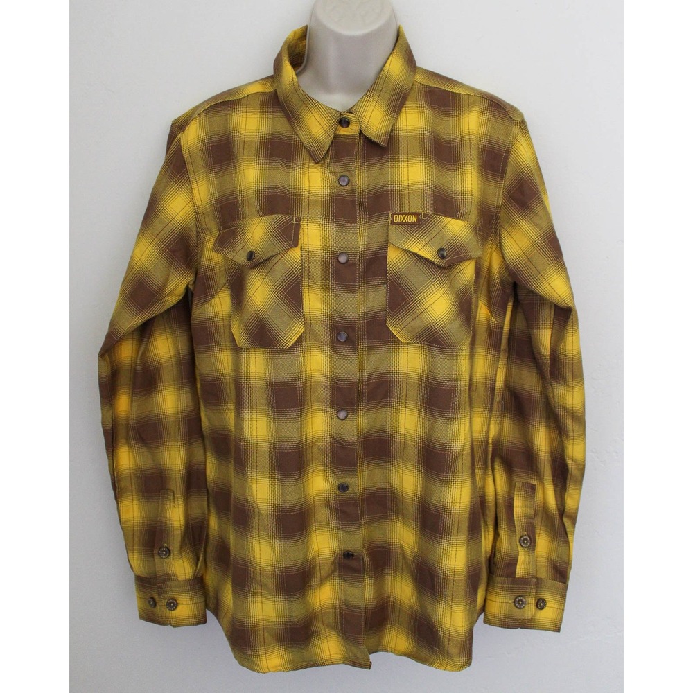Dixxon Flannel Co The Friar Shirt Womens Large Yellow Brown Plaid Snap Buttons